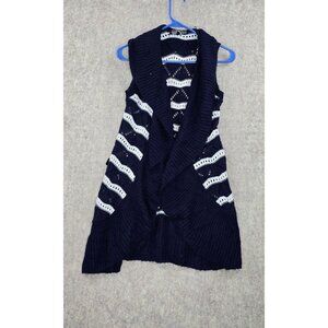 Almost Famous Womens Sleeveless Knit Open Cardigan Navy White Crochet Accents